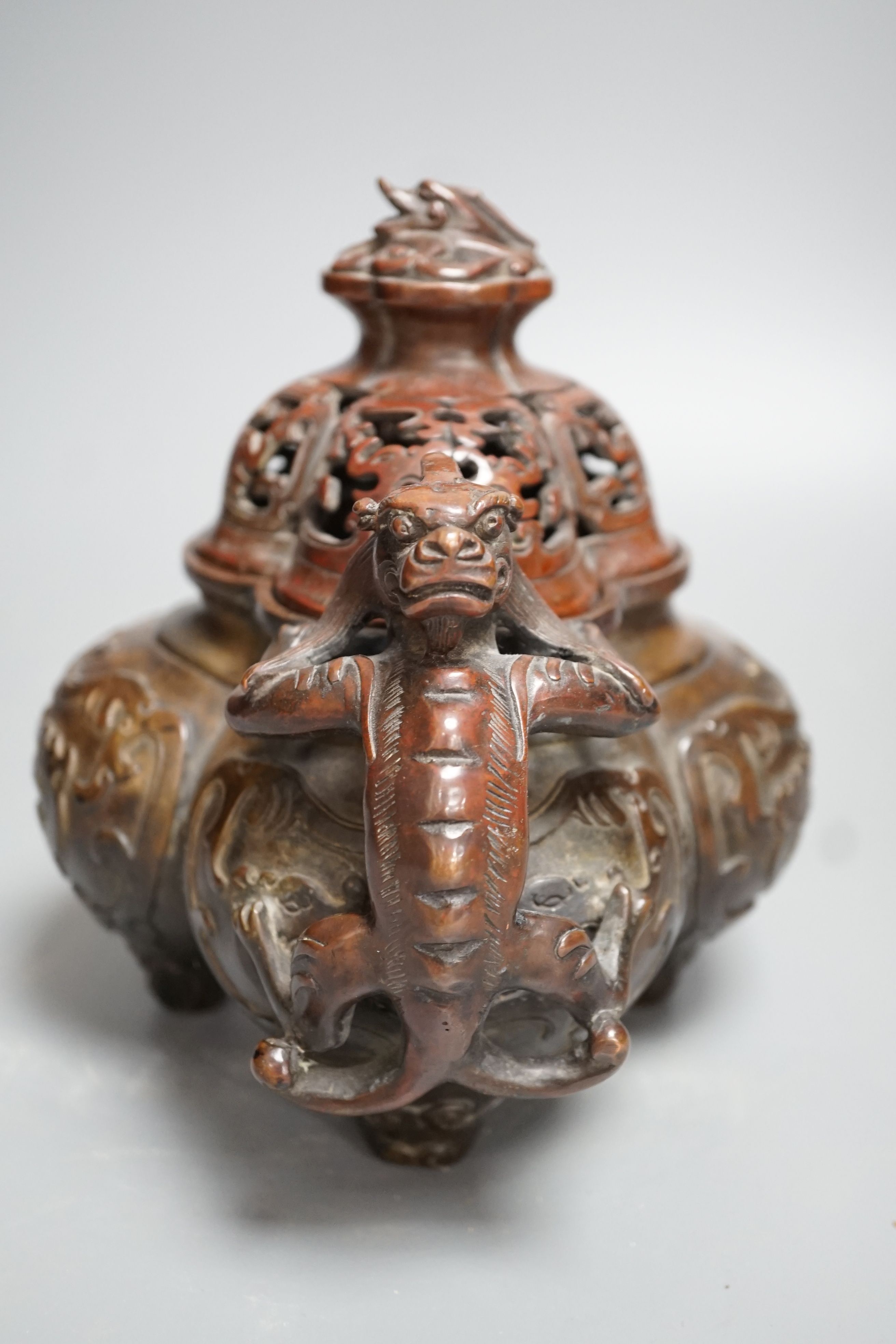 A 19th century Chinese bronze quatrefoil censer, with four character mark - 19cm high